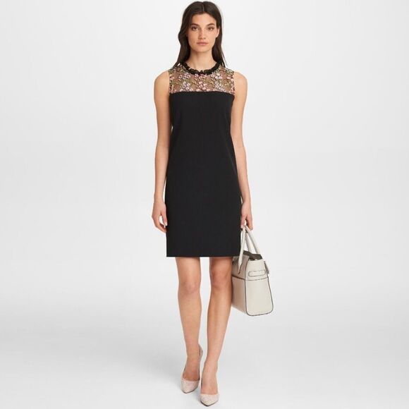 Karl 8 Black Multi Embroidered Tulle Mock Ruched Neck Sleeveless Shift Dress - Picture 1 of 16